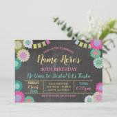 Fiesta Birthday Floral Mexican Fans Pink Flags Kaart (Staand voorkant)