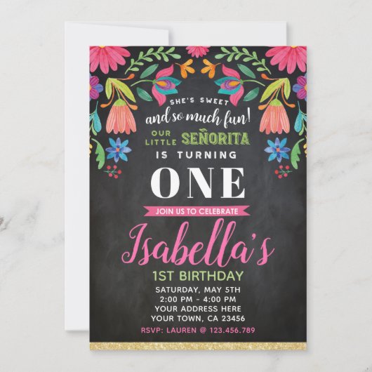 Fiesta Birthday Invitation, Chalkboard Kaart (Voorkant)