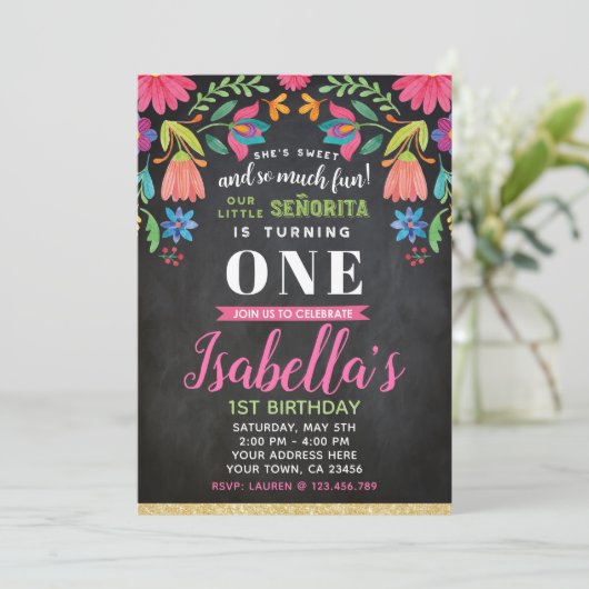 Fiesta Birthday Invitation, Chalkboard Kaart (Staand voorkant)