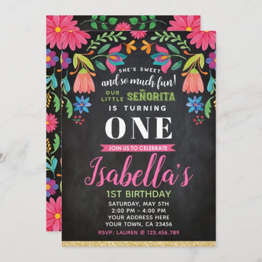 Fiesta Birthday Invitation, Chalkboard Kaart (Voorkant / Achterkant)