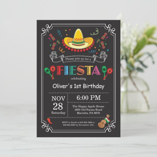 Fiesta Birthday Invitation Chalkboard Mexican Kaart (Staand voorkant)