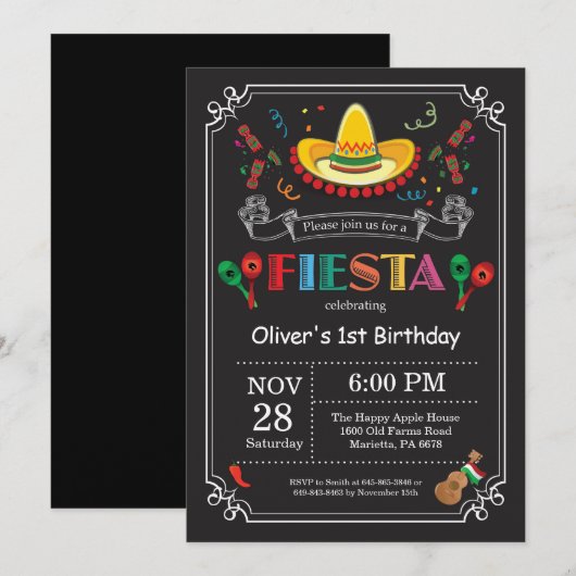 Fiesta Birthday Invitation Chalkboard Mexican Kaart (Voorkant / Achterkant)