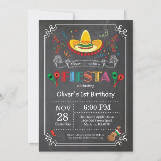 Fiesta Birthday Invitation Chalkboard Mexican Kaart (Voorkant)