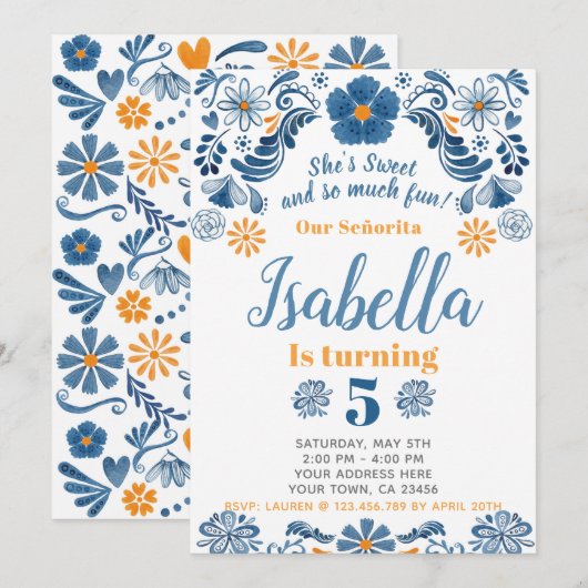 Fiesta Birthday Invitation, Floral Party Invite Kaart (Voorkant / Achterkant)