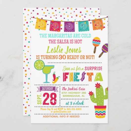 Fiesta Birthday Invitation - White Kaart (Voorkant / Achterkant)