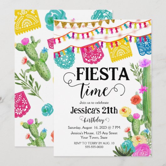 Fiesta Birthday Party Invitation Mexicaans thema Kaart (Voorkant / Achterkant)