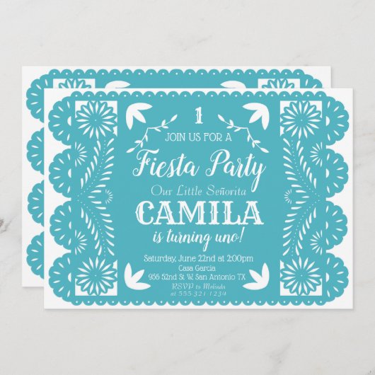 Fiesta Birthday Party Invitation Papel Picado Kaart (Voorkant / Achterkant)
