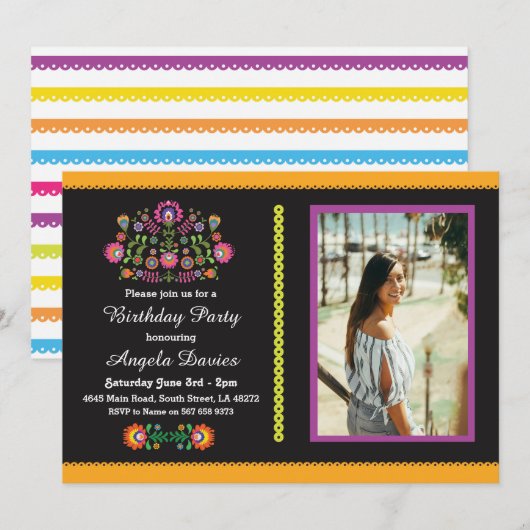 Fiesta Birthday Party Mexican Pattern Invite 16 18 Kaart (Voorkant / Achterkant)