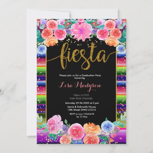 Fiesta Black Afstuderen Invitation Party Mexicaans Kaart (Voorkant)