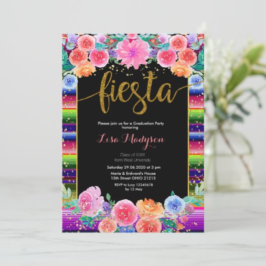 Fiesta Black Afstuderen Invitation Party Mexicaans Kaart (Staand voorkant)