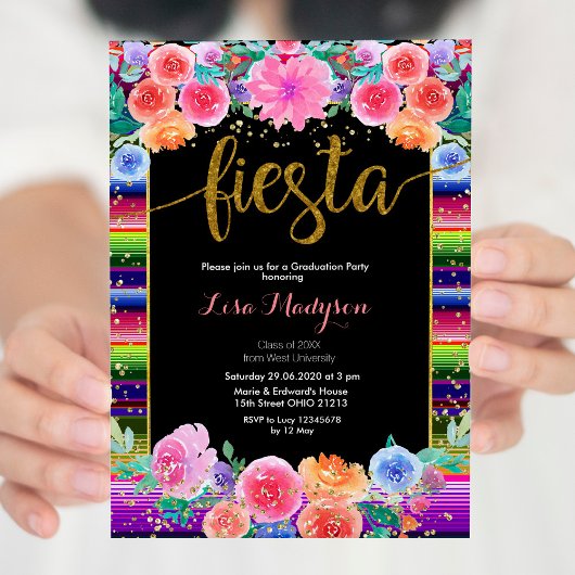 Fiesta Black Afstuderen Invitation Party Mexicaans Kaart