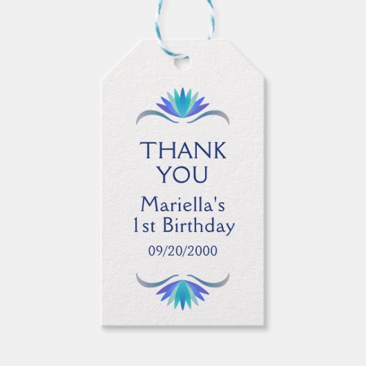 Fiesta Blauwe Verjaardag Douche Trouwen Dank u Cadeaulabel (Voorkant)