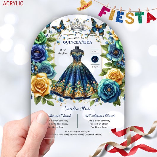 Fiesta Bloem Vlinders QUINCEANERA Blauw Goud Acryl Uitnodigingen