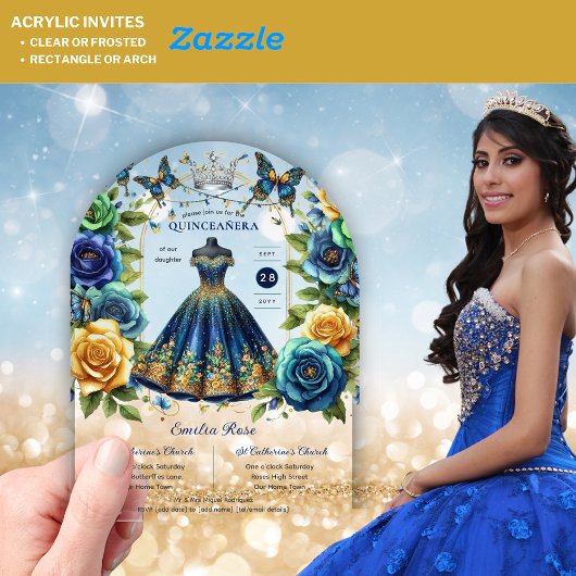 Fiesta Bloem Vlinders QUINCEANERA Blauw Goud Acryl Uitnodigingen