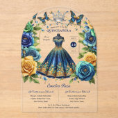 Fiesta Bloem Vlinders QUINCEANERA Blauw Goud Acryl Uitnodigingen (Voorkant)