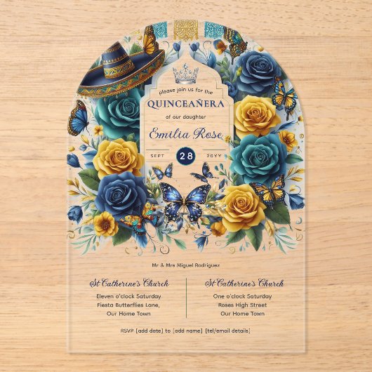 Fiesta Bloem Vlinders QUINCEANERA Helder  Acryl Uitnodigingen (Voorkant)