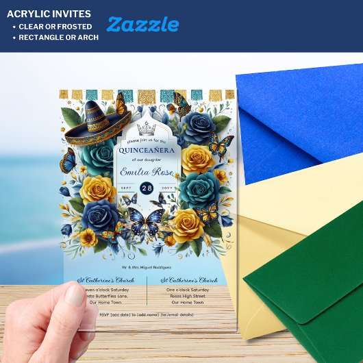 Fiesta Bloem Vlinders QUINCEANERA Helder Acryl Uitnodigingen