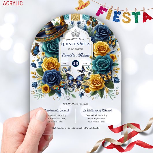 Fiesta Bloem Vlinders QUINCEANERA Helder  Acryl Uitnodigingen