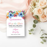 Fiesta Bloemen Wit en Bloemen Quinceanera Save The Date<br><div class="desc">Quinceanera Bewaar de Date Kaart met fiesta bloemen in waterverf. Deze witte kaart heeft een overvloed aan kleurrijke bloemen, elegant schrift en moderne typografie. Een prachtig bloemontwerp inclusief pioen, roos, fuchsia, lelie en groen in tinten roze, paarse, oranje, geel, groen en blauw. De sjabloon is klaar voor u om uw...</div>