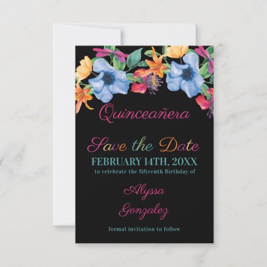 Fiesta Bloemen Zwart Bloemen Bloemen Quinceanera Save The Date (Voorkant)