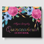 Fiesta Bloemen Zwart en Roze Bloemen Quinceanera Gastenboek (Voorkant)