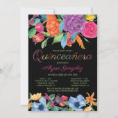 Fiesta Bloemen Zwart Kleurrijke Bloemen Quinceaner Kaart (Voorkant)