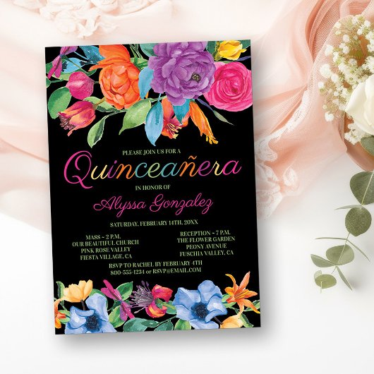 Fiesta Bloemen Zwart Kleurrijke Bloemen Quinceaner Kaart