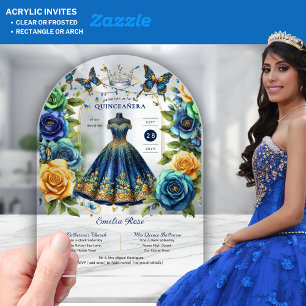 Fiesta Bloemenvlinders QUINCEANERA Blauw Goud Acryl Uitnodigingen