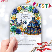 Fiesta Bloemenvlinders QUINCEANERA Blauw Goud Acryl Uitnodigingen