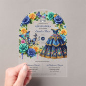 Fiesta Bloemvlinders QUINCEANERA Blauw Goud Acryl Uitnodigingen (Insitu (Draagbaar))