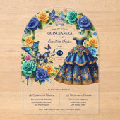 Fiesta Bloemvlinders QUINCEANERA Blauw Goud Acryl Uitnodigingen (Voorkant)
