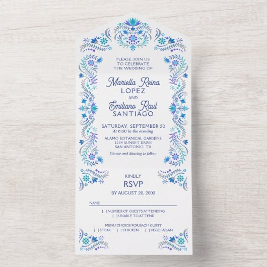 Fiesta Blue Wedding All In One Uitnodiging (Binnen)