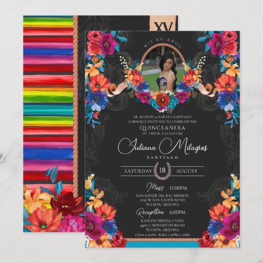 Fiesta Bright Floral en Serape Charro Quinceanera Kaart (Voorkant / Achterkant)