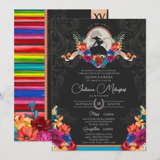 Fiesta Bright Flowers Elegante Charro Quinceanera Kaart (Voorkant / Achterkant)