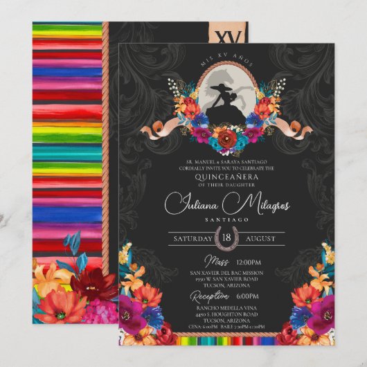Fiesta Bright Folk Floral Charro Quinceanera Kaart (Voorkant / Achterkant)