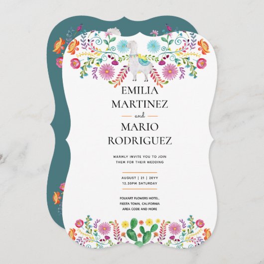Fiesta Bruiloft Llama Folk Bloemen Cactussen Uitno Kaart (Voorkant / Achterkant)