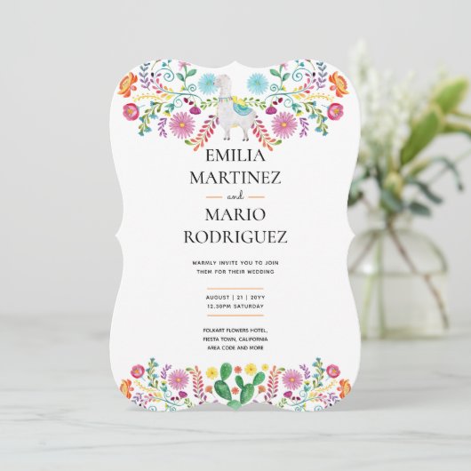 Fiesta Bruiloft Llama Folk Bloemen Cactussen Uitno Kaart (Staand voorkant)