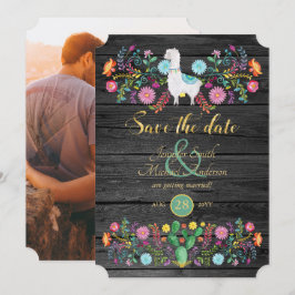 Fiesta Bruiloft Save The Date Llama Folk Bloemen Kaart