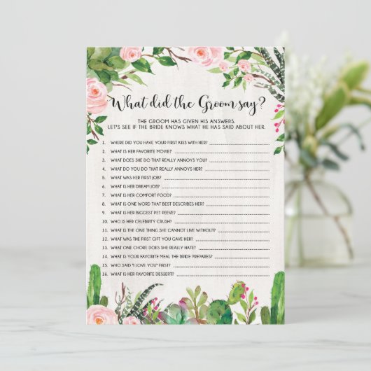 Fiesta Bruiloft Spel Wat zei de Bruidegom Kaart (Staand voorkant)