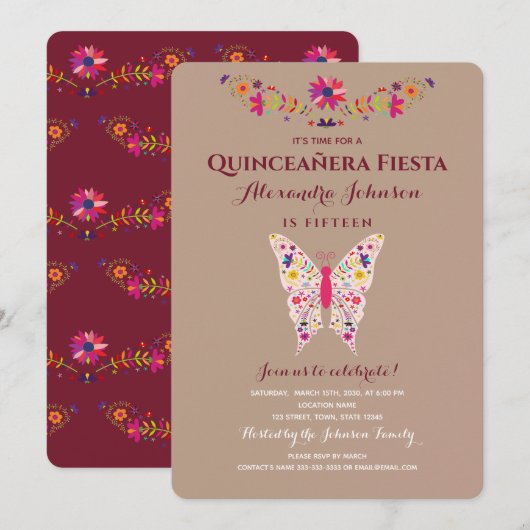 Fiesta Butterfly Mexican Quinceañera Kaart (Voorkant / Achterkant)