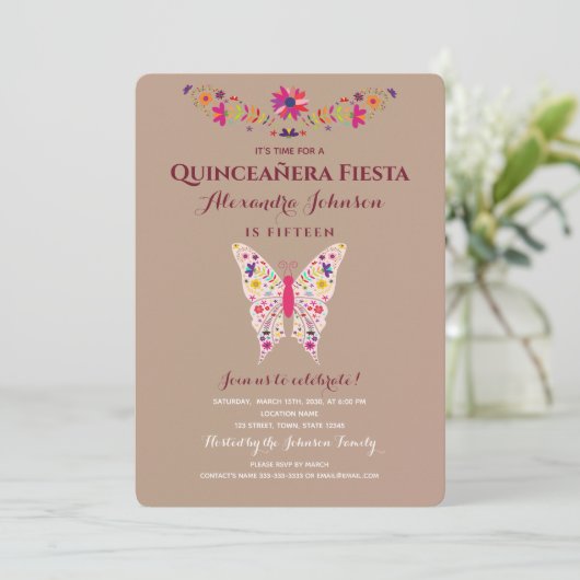 Fiesta Butterfly Mexican Quinceañera Kaart (Staand voorkant)