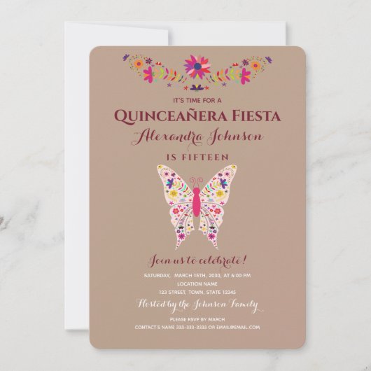 Fiesta Butterfly Mexican Quinceañera Kaart (Voorkant)
