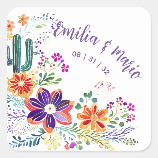 FIESTA Cacti Folkart Bloemen Aangepast Vierkante Sticker (Voorkant)