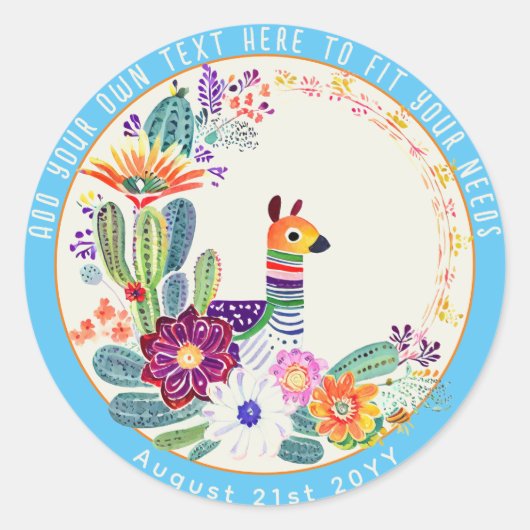 FIESTA Cacti Lama Folkart Bloemen Blauw Maatwerk Ronde Sticker (Voorkant)