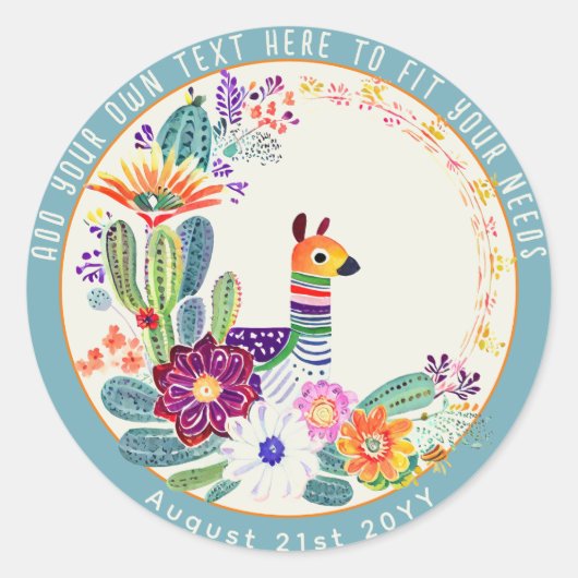 FIESTA Cacti Llama FolkFlowers Party Custom Ronde Sticker (Voorkant)