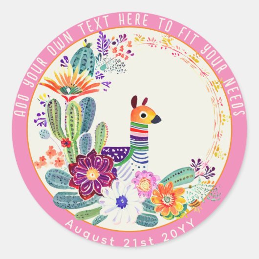 FIESTA Cacti Llama FolkFlowers Roze Maatwerk Ronde Sticker (Voorkant)