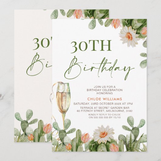 Fiesta Cactus Champagne Glass Birthday Uitnodiging (Voorkant / Achterkant)
