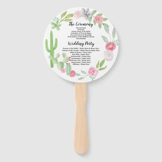 Fiesta Cactus Floral Wedding Program Hand Fan Handwaaier (Achterkant)