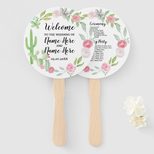 Fiesta Cactus Floral Wedding Program Hand Fan Handwaaier (Voorkant en achterkant)