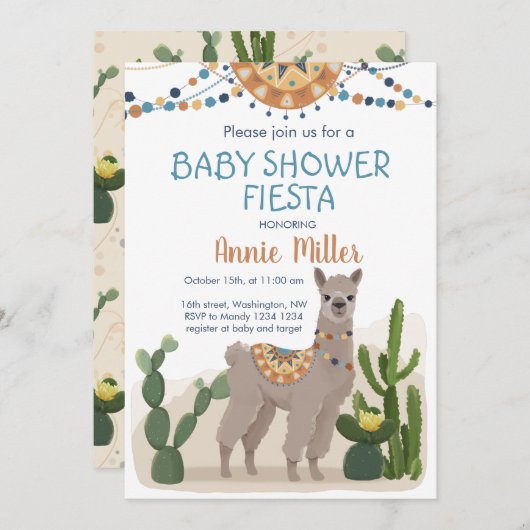 Fiesta Cactus Llama Baby shower Kaart (Voorkant / Achterkant)